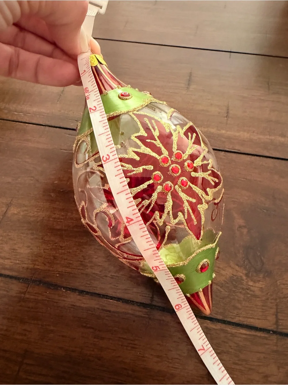 Vintage Style Glass Teardrop Poinsettia Christmas Ornament JS Mark- Excel. Cond.